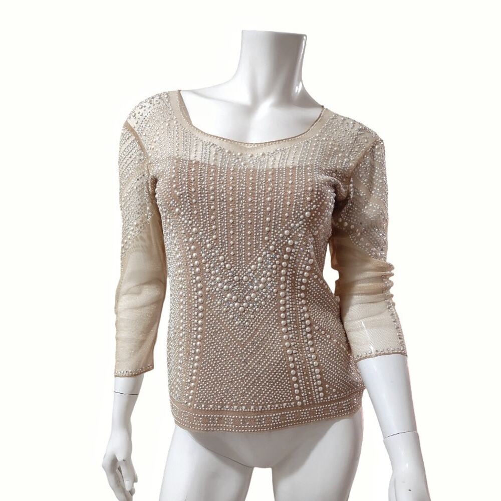 GRAYSE Nude Stretch Mesh Top Size 8 Faux Pearls Diamonds Sheer St John Knits